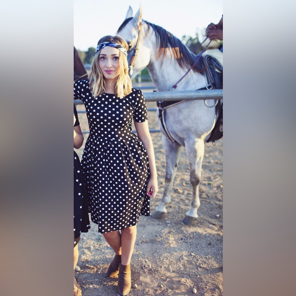 LuLaRoe Amelia dress black with white polka dots S
